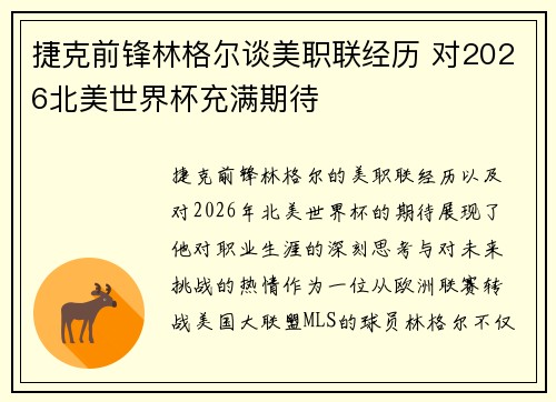 捷克前锋林格尔谈美职联经历 对2026北美世界杯充满期待 捷克前锋林格尔谈美职联经历 对2026北美世界杯充满期待